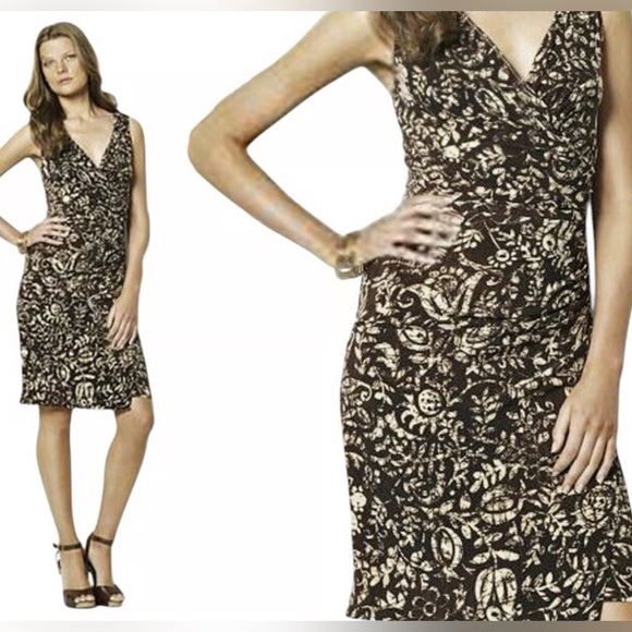 Lauren Ralph Lauren Faux Wrap Elegant Brown Batik Capetown Jersey Dress size 12 - Picture 1 of 6